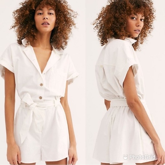 Free People Pants - FREE PEOPLE No Plans White Button Front Romper Playsuit EUC C